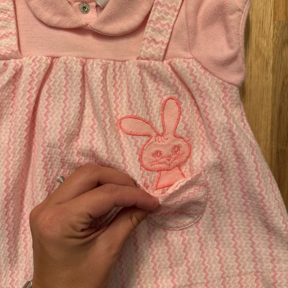 Vintage Carters Baby Girls Pink Chevron‎ Bunny Dress and Bloomers Set 12 Months